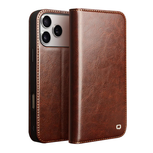 iPhone 18 Pro Max QIALINO Classic Genuine Leather Phone Case - Brown