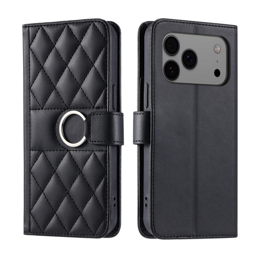 iPhone 18 Pro Max Ring Buckle Rhombic Leather Phone Case - Black