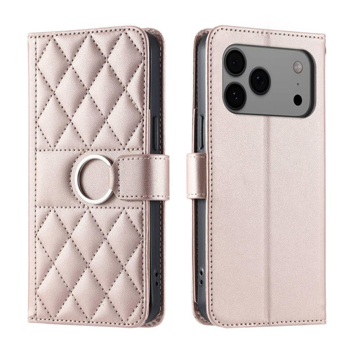 iPhone 18 Pro Max Ring Buckle Rhombic Leather Phone Case - Rose Gold