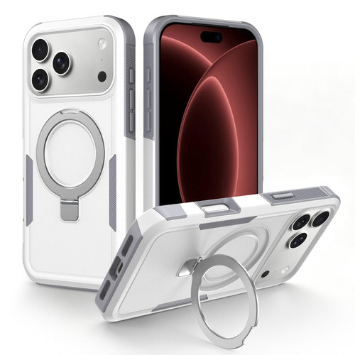 iPhone 18 Pro Max Shockproof Protective TPU Hybrid PC Ring Holder Magnetic Phone Case - White