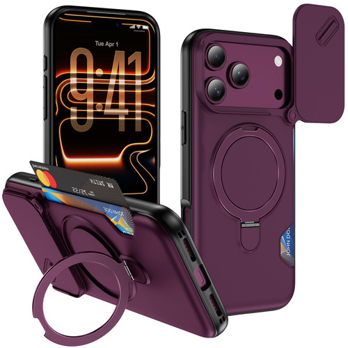 iPhone 18 Pro Max Sliding Camshield Card Slot Magnetic Rotation Holder Phone Case - Dark Cherry