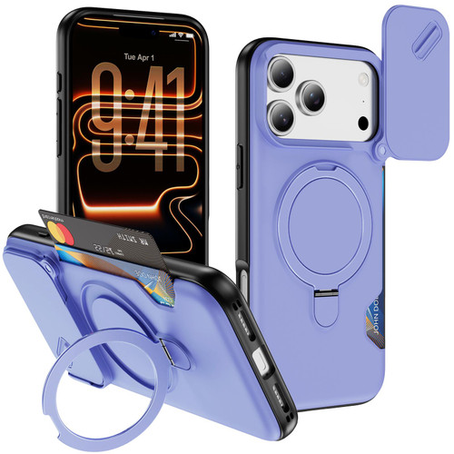 iPhone 18 Pro Max Sliding Camshield Card Slot Magnetic Rotation Holder Phone Case - Light Purple