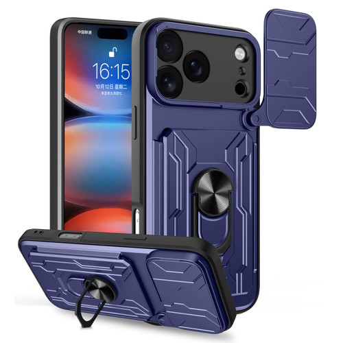 iPhone 18 Pro Max Sliding Camshield TPU+PC Phone Case with Card Slot - Blue