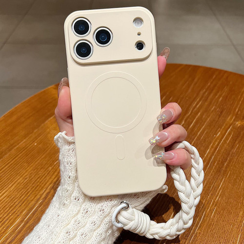 iPhone 18 Pro Max Solid Color Liquid Silicone Magnetic Phone Case with Lanyard - Antique White