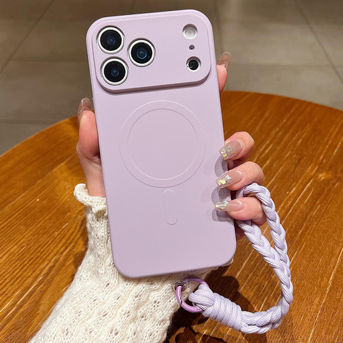 iPhone 18 Pro Max Solid Color Liquid Silicone Magnetic Phone Case with Lanyard - Lilac