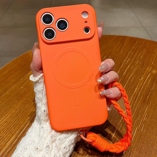 iPhone 18 Pro Max Solid Color Liquid Silicone Magnetic Phone Case with Lanyard - Orange
