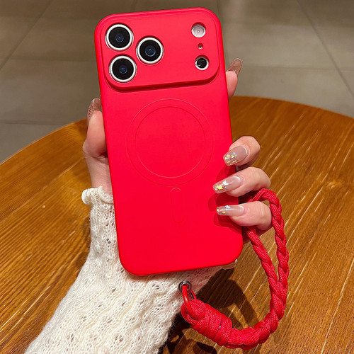 iPhone 18 Pro Max Solid Color Liquid Silicone Magnetic Phone Case with Lanyard - Red