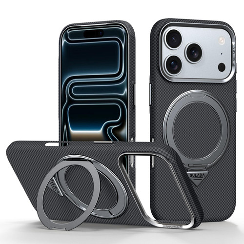 iPhone 18 Pro Max SULADA Kevlar Grid Patterned Skin Feel Rotation Magnetic Holder Phone Case - Black