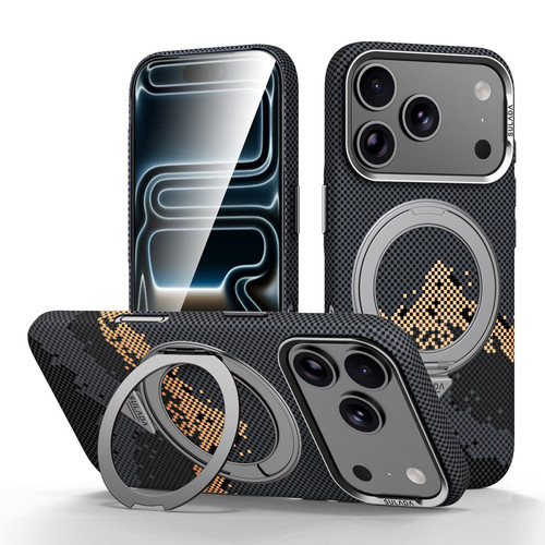 iPhone 18 Pro Max SULADA Kevlar Pixel Grid Texture Rotation Magnetic Holder Phone Case - Black