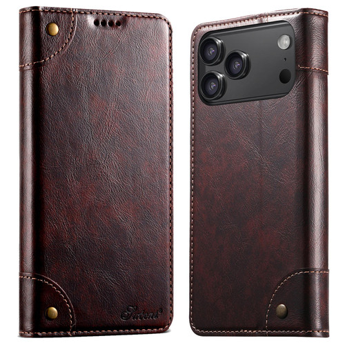 iPhone 18 Pro Max Suteni Baroque Calf Texture Buckle Wallet Leather Phone Case - Brown