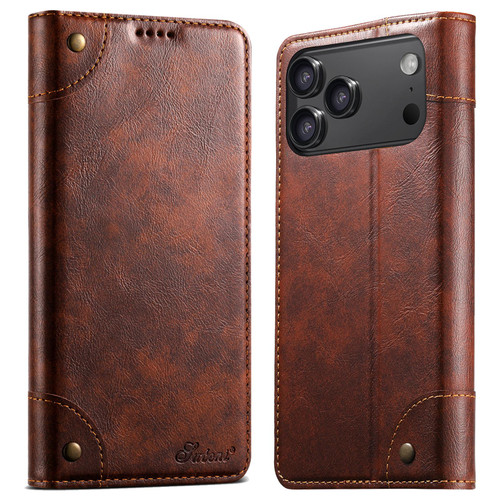 iPhone 18 Pro Max Suteni Baroque Calf Texture Buckle Wallet Leather Phone Case - Khaki