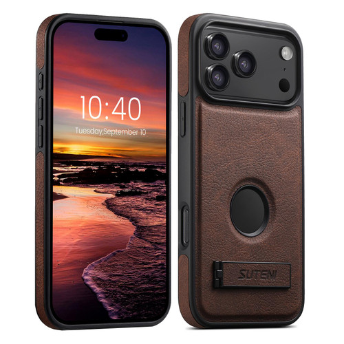 iPhone 18 Pro Max Suteni G2 Magsafe Litchi Texture Leather Back Phone Case with Holder - Brown