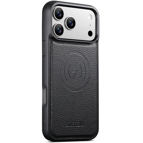 iPhone 18 Pro Max Suteni G5 Large Litchi Texture Vegan Leather Magnetic Back Phone Case - Black