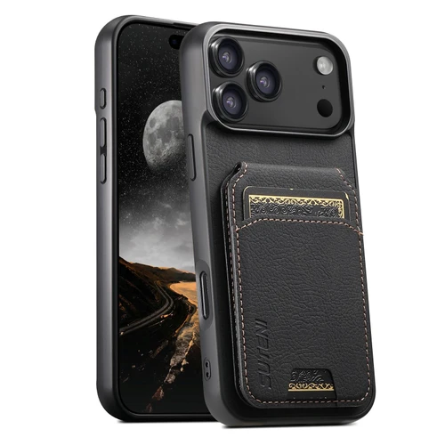 iPhone 18 Pro Max Suteni H02 Litchi Leather Card Wallet Stand Back Phone Case - Black