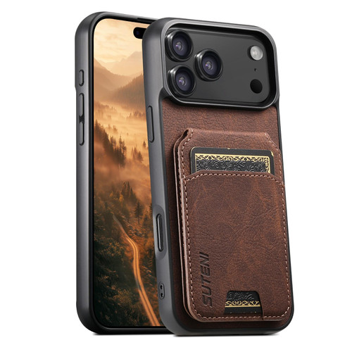iPhone 18 Pro Max Suteni H02 Litchi Leather Card Wallet Stand Back Phone Case - Brown