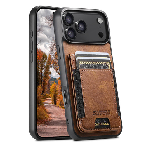 iPhone 18 Pro Max Suteni H03 Oil Wax Leather Wallet Stand Back Phone Case - Brown
