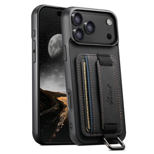 iPhone 18 Pro Max Suteni H13 Litchi Leather Wrist Strap Wallet Back Phone Case - Black