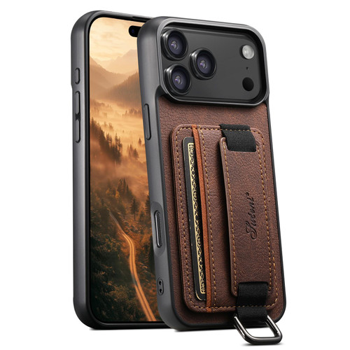iPhone 18 Pro Max Suteni H13 Litchi Leather Wrist Strap Wallet Back Phone Case - Brown
