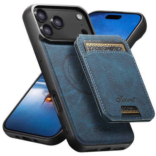 iPhone 18 Pro Max Suteni H16 Litchi Texture Leather Detachable Wallet Back Phone Case - Blue