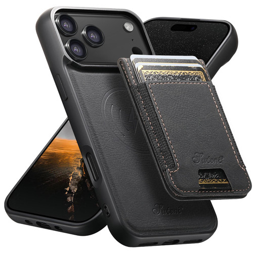 iPhone 18 Pro Max Suteni H17 Litchi Texture Leather MagSafe Detachable Wallet Phone Case - Black