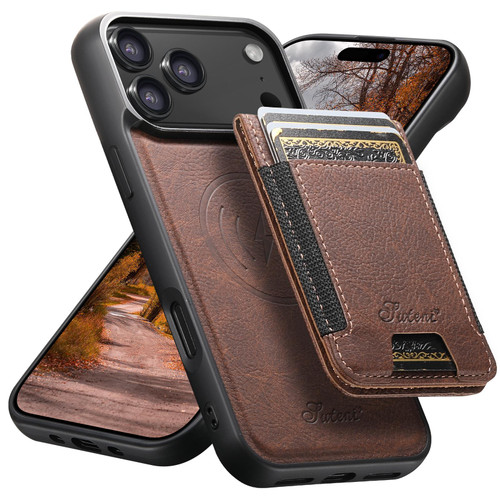 iPhone 18 Pro Max Suteni H17 Litchi Texture Leather MagSafe Detachable Wallet Phone Case - Brown