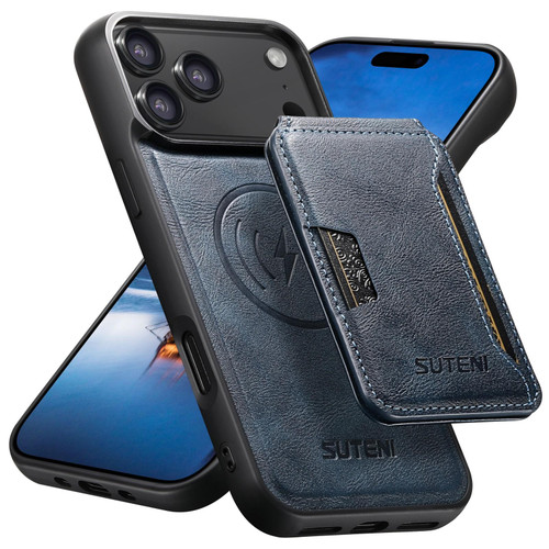 iPhone 18 Pro Max Suteni M3 Card Bag MagSafe Cowhide Texture Leather Phone Case - Blue