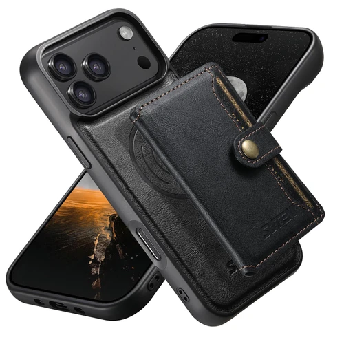 iPhone 18 Pro Max Suteni M4 Magnetic Card Bag MagSafe Leather Phone Case - Black