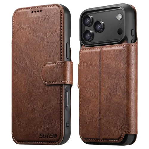 iPhone 18 Pro Max Suteni Q05 2-in-1 Multi-function Detachable Wallet MagSafe Phone Case - Brown