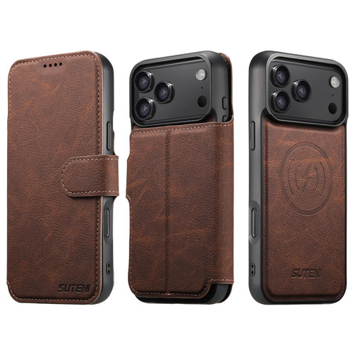 iPhone 18 Pro Max Suteni Q05 2-in-1 Multi-function MagSafe Wallet Litchi Leather Phone Case - Brown