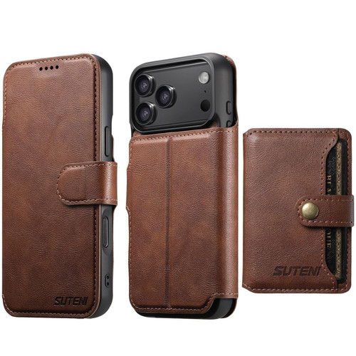 iPhone 18 Pro Max Suteni Q05S1 3-in-1 Detachable Wallet MagSafe Leather Phone Case - Brown