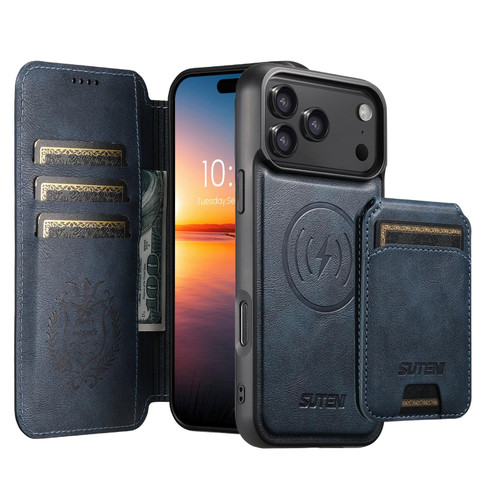 iPhone 18 Pro Max Suteni Q05S2 3-in-1 Detachable Vertical Flip Wallet MagSafe Leather Phone Case - Blue