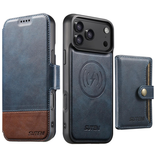iPhone 18 Pro Max Suteni Q06S1 3-in-1 Splicing Detachable Wallet MagSafe Leather Phone Case - Blue