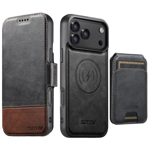 iPhone 18 Pro Max Suteni Q06S2 3-in-1 Detachable Vertical Flip Wallet MagSafe Splicing Leather Phone Case - Black