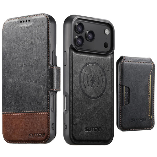 iPhone 18 Pro Max Suteni Q06S3 3-in-1 Splicing Detachable Vertical Flip Wallet MagSafe Leather Phone Case - Black