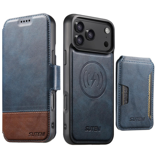 iPhone 18 Pro Max Suteni Q06S3 3-in-1 Splicing Detachable Vertical Flip Wallet MagSafe Leather Phone Case - Blue