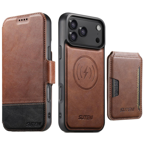 iPhone 18 Pro Max Suteni Q06S3 3-in-1 Splicing Detachable Vertical Flip Wallet MagSafe Leather Phone Case - Brown