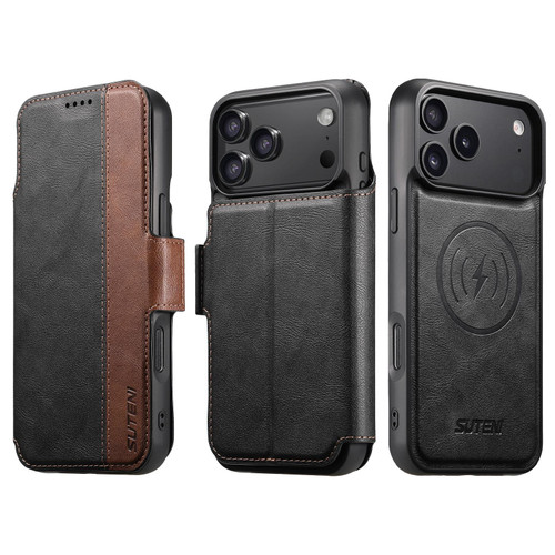 iPhone 18 Pro Max Suteni Q07 2-in-1 Multi-function Detachable Wallet MagSafe Phone Case - Black