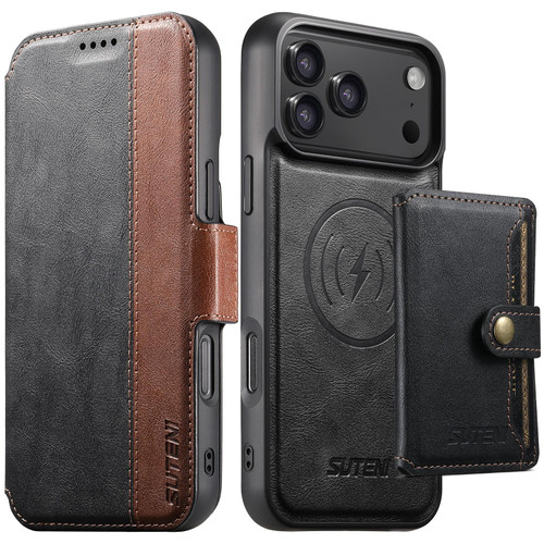 iPhone 18 Pro Max Suteni Q07S1 3-in-1 Detachable Wallet MagSafe Splicing Leather Phone Case - Black
