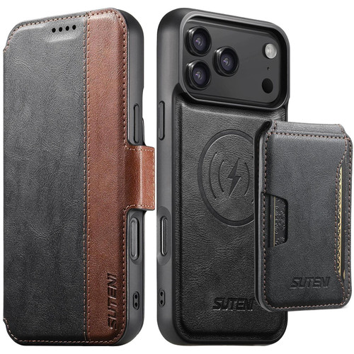 iPhone 18 Pro Max Suteni Q07S3 Left-Right Splicing Cowhide Pattern Flip Side Card Wallet Removable Magnetic Phone Case - Black