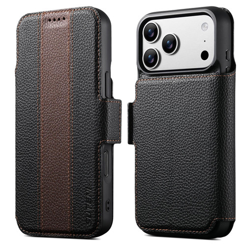 iPhone 18 Pro Max Suteni Q08 2-in-1 Multi-function Magnetic Wallet Big Litchi Vegan Leather Phone Case - Brown