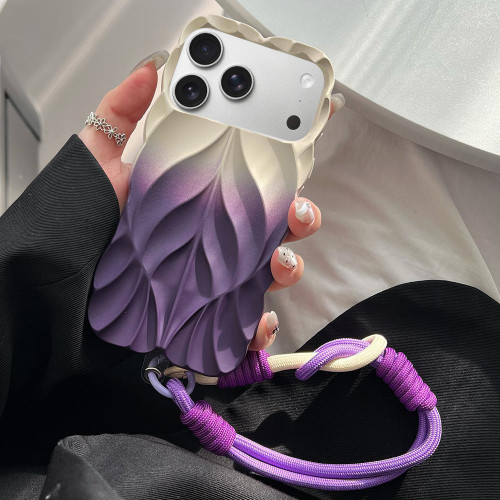 iPhone 18 Pro Max Thickened 3D Leaf Pattern Two-Color Oil-Sprayed TPU Phone Case with Strap - Purple Gold