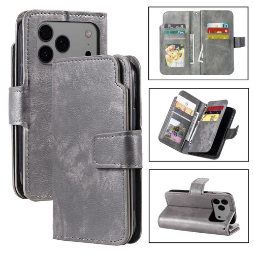 iPhone 18 Pro Max Tri-Fold 9-Card Wallets Leather Phone Case - Grey