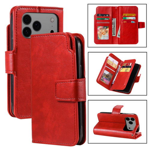 iPhone 18 Pro Max Tri-Fold 9-Card Wallets Leather Phone Case - Red