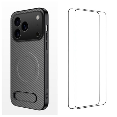 iPhone 18 Pro Max WANLONFENG Kickstand Carbon Fiber Texture Magnetic Phone Case with 2pcs Screen Films - Grey