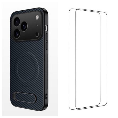 iPhone 18 Pro Max WANLONFENG Kickstand Carbon Fiber Texture Magnetic Phone Case with 2pcs Screen Films - Sapphire Blue