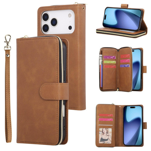 iPhone 18 Pro / 17 Pro 9 Card Slots Zipper Wallet Bag Leather Phone Case - Brown