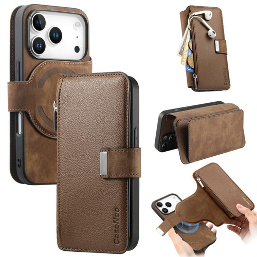 iPhone 18 Pro / 17 Pro CaseNeo MagSafe RFID Anti-theft Zipper Wallet Retro Leather Phone Case - Brown