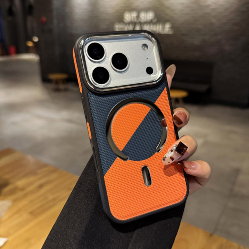 iPhone 18 Pro / 17 Pro Color Blocking Leather Texture Shockproof Magnetic Phone Case - Blue Orange