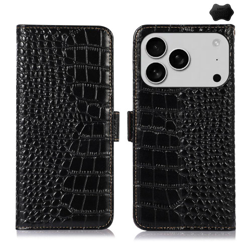 iPhone 18 Pro / 17 Pro Crocodile Top Layer Cowhide Leather Phone Case - Black