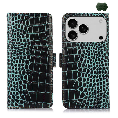 iPhone 18 Pro / 17 Pro Crocodile Top Layer Cowhide Leather Phone Case - Green